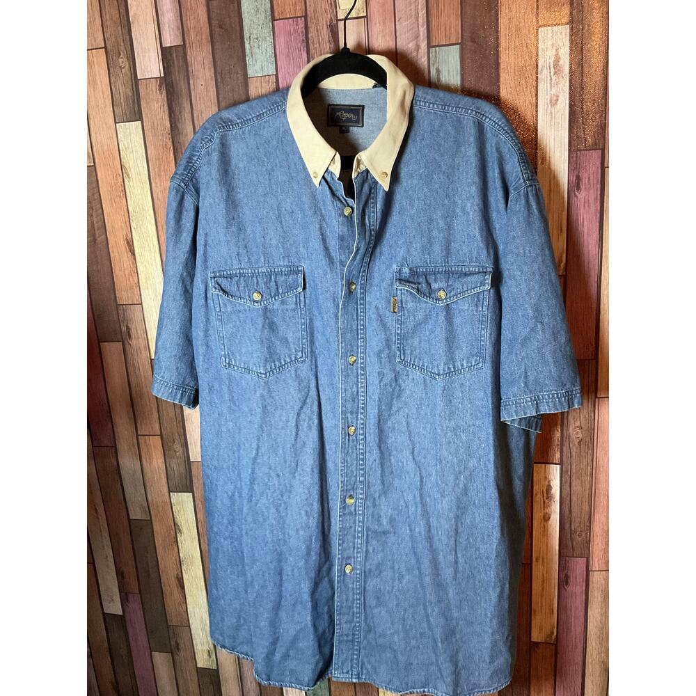 Men’s Vintage Roper Denim Button Front Shirt Khaki Collar Men’s Size XL